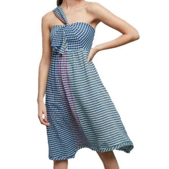 Anthropologie Dresses & Skirts - ANTHROPOLOGIE MAEVE One Shoulder Gingham Waverly Dress Blue Motif Size 8